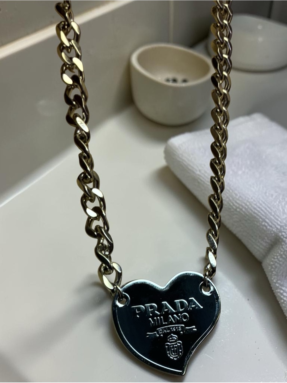 Prada Silver and Black Rare Heart Necklace 14 inches